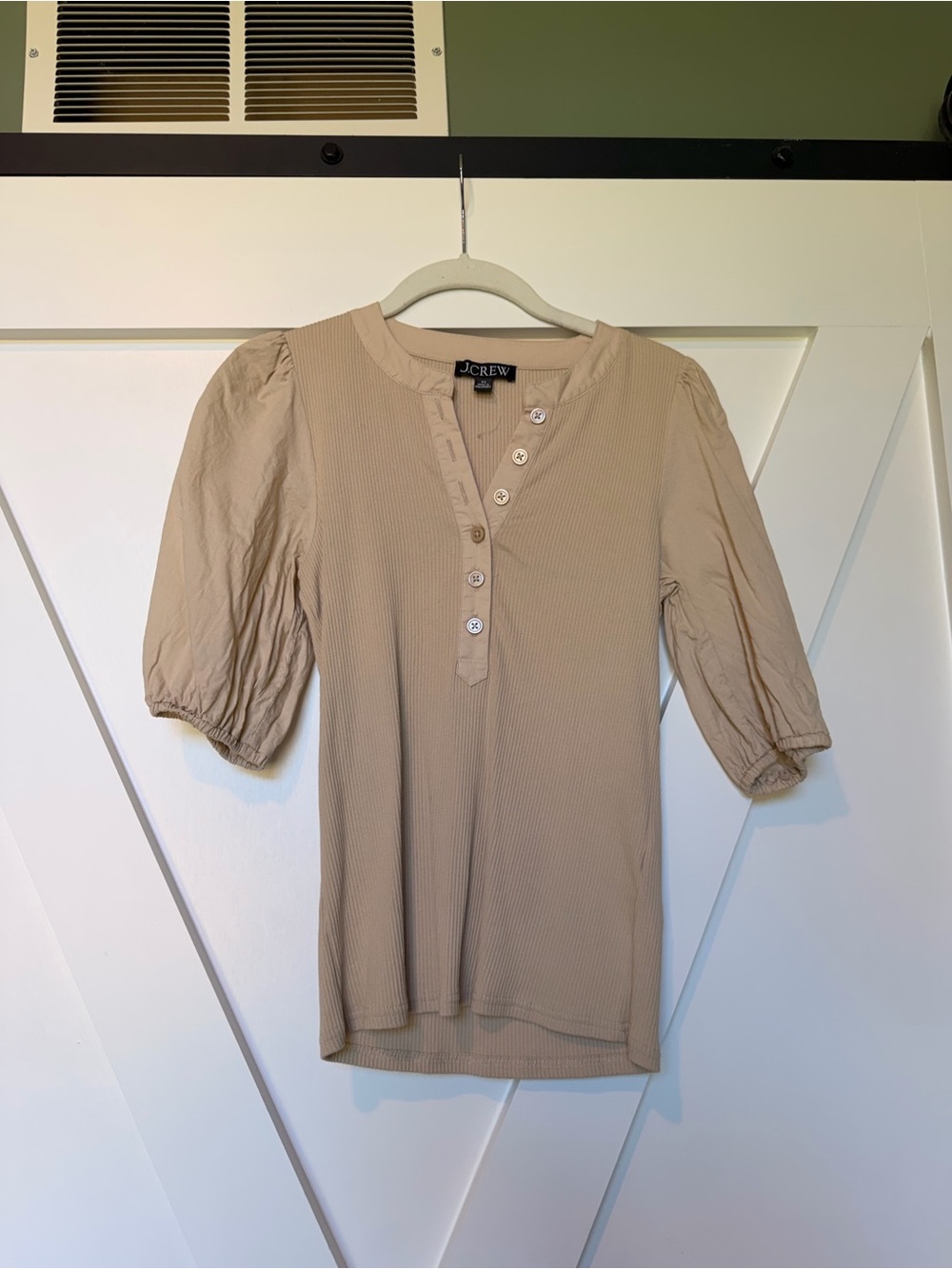 J. Crew Beige Button-Front Puff Sleeve Top XS